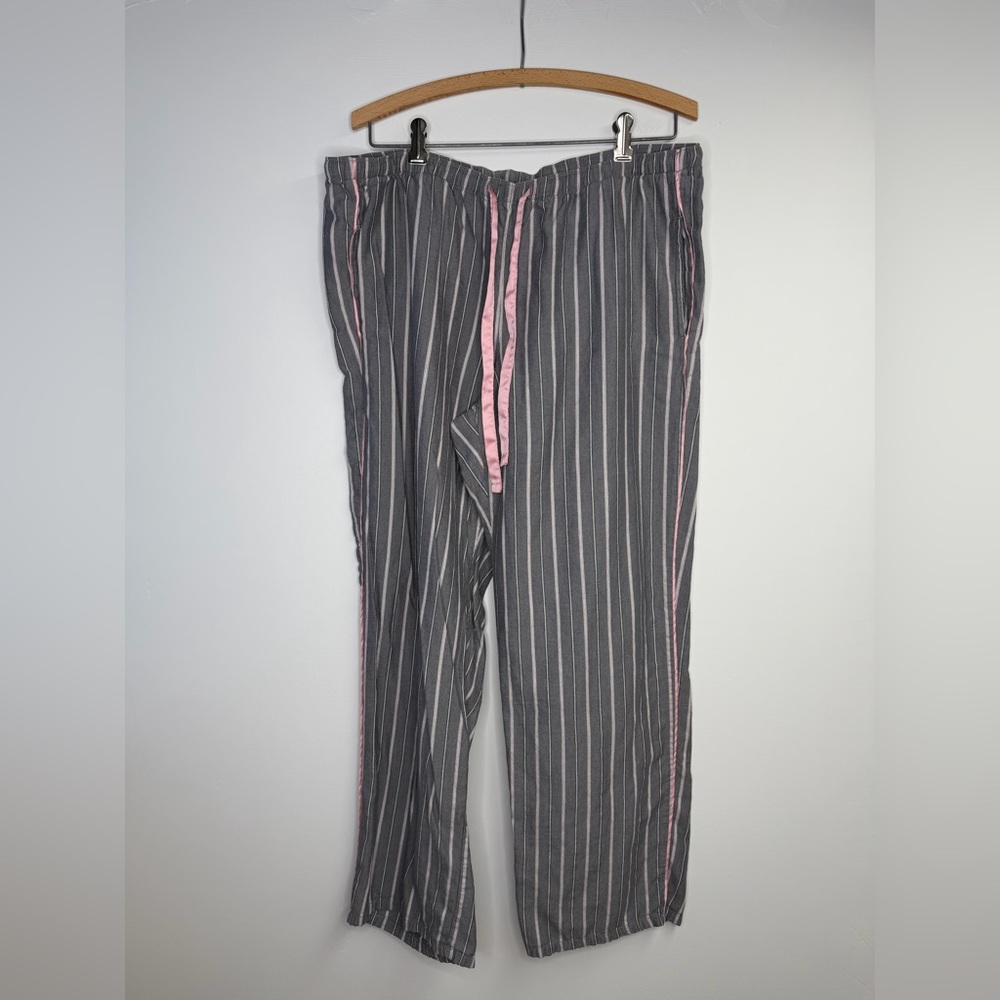 Victoria's Secret pajama pants gray pink piping drawstring waist flannel cotton